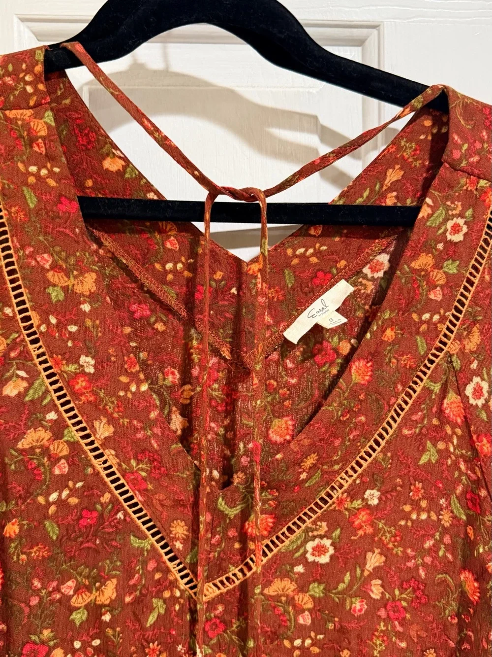 Easel Rust Floral Boho Tiered Maxi Dress with Tassel Tie - Picture 2 of 5